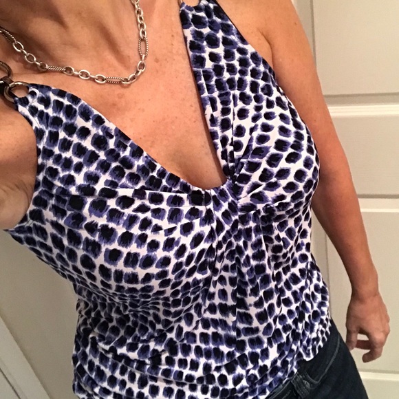 NWOT Michael Kors Top Blue, black, white animal print size PS shoulder chain - Picture 4 of 10
